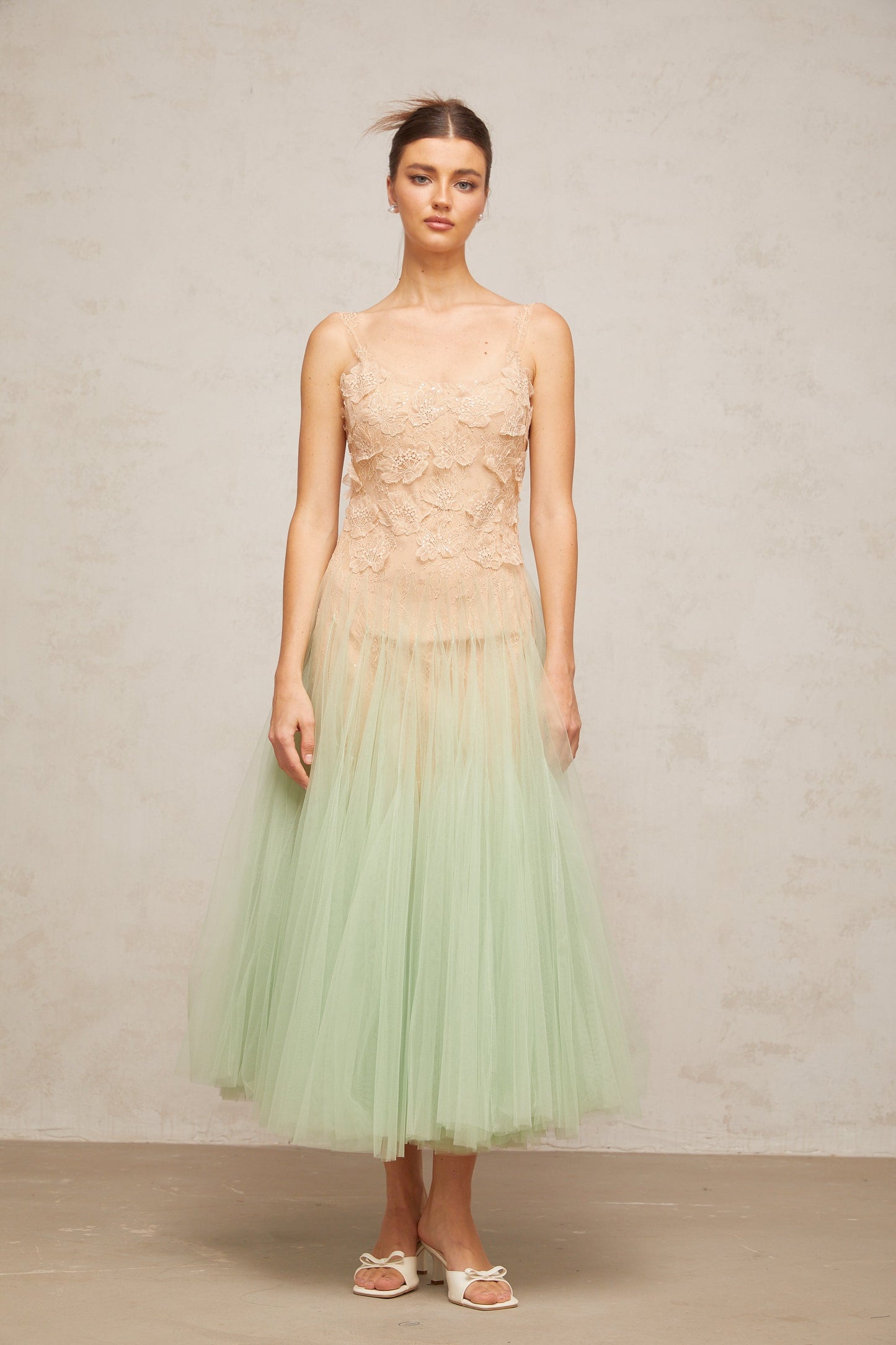 Zoéline green lace-panelling tulle midi dress