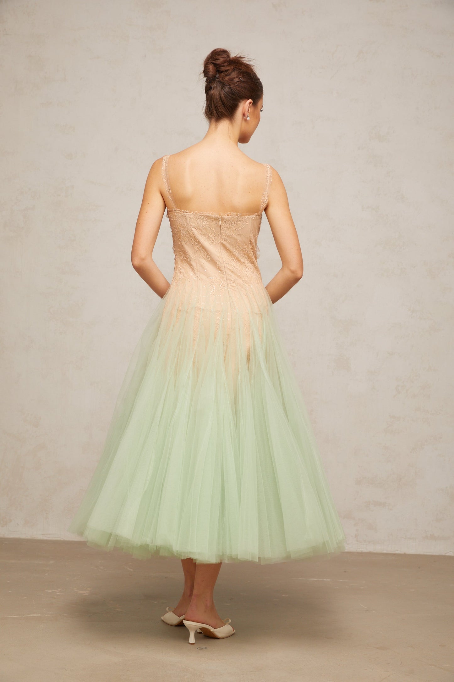 Zoéline green lace-panelling tulle midi dress