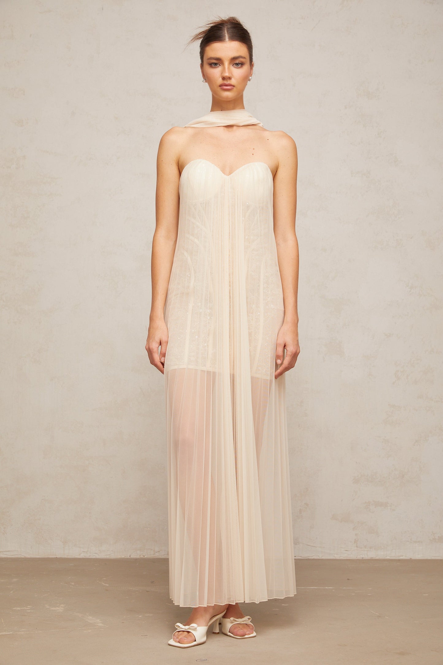 Monique ribbon-design pleated tulle maxi dress in Neutrals