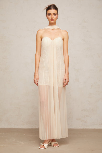 Monique ribbon-design pleated tulle maxi dress in Neutrals