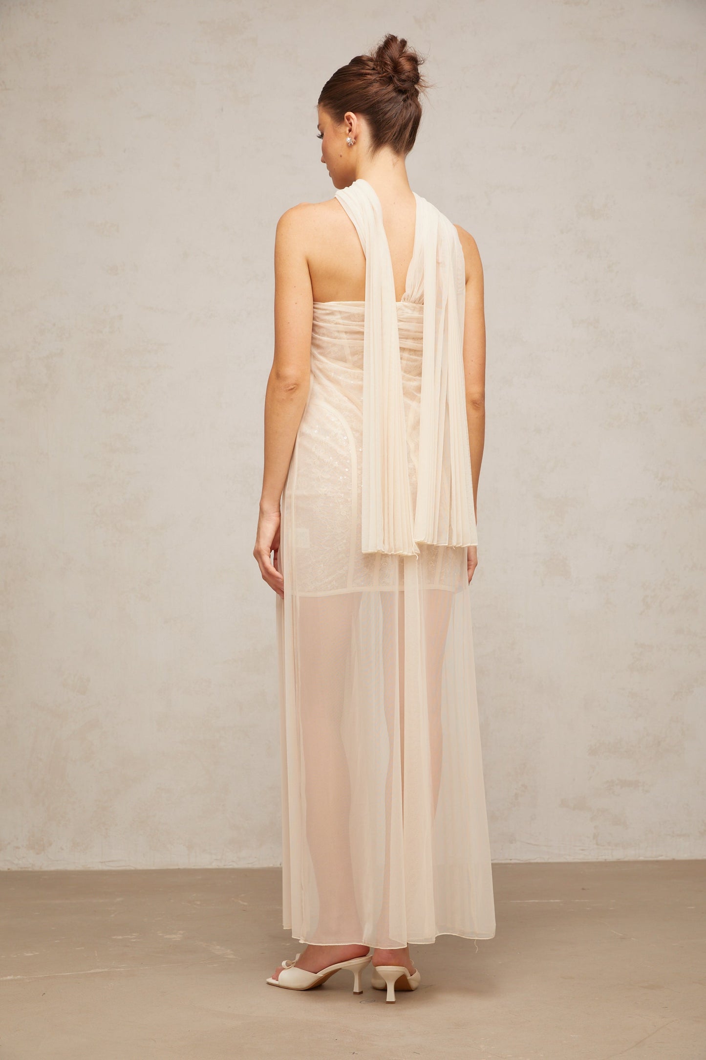 Monique ribbon-design pleated tulle maxi dress in Neutrals