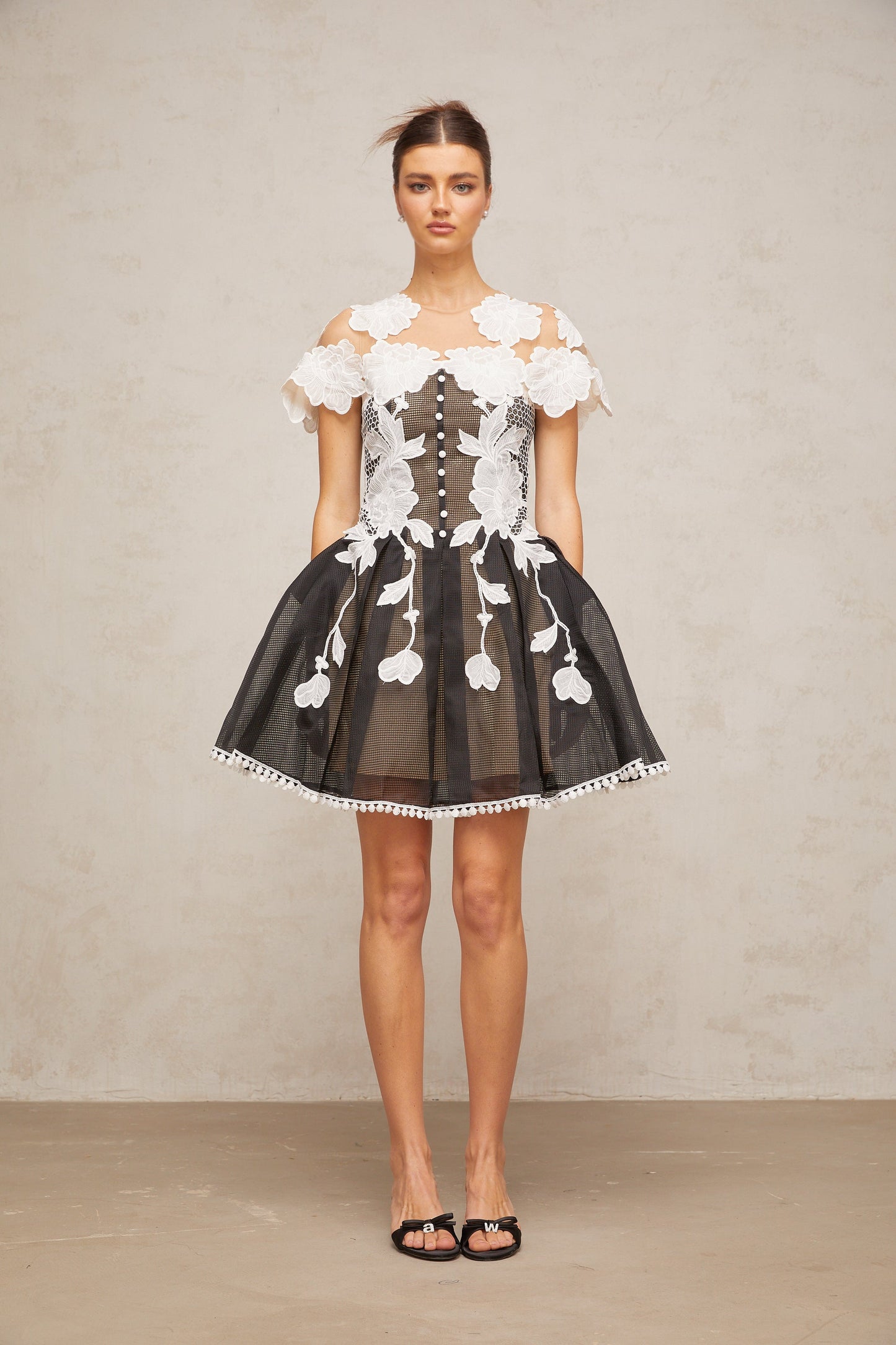 Sandrine color-blocked floral-embroidery mini dress
