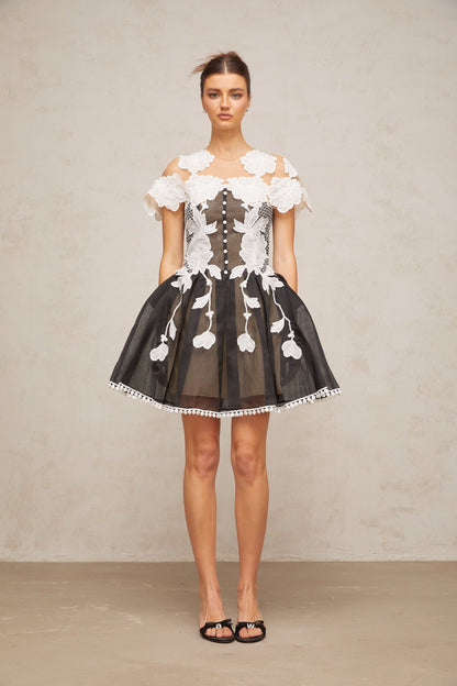 Sandrine color-blocked floral-embroidery mini dress