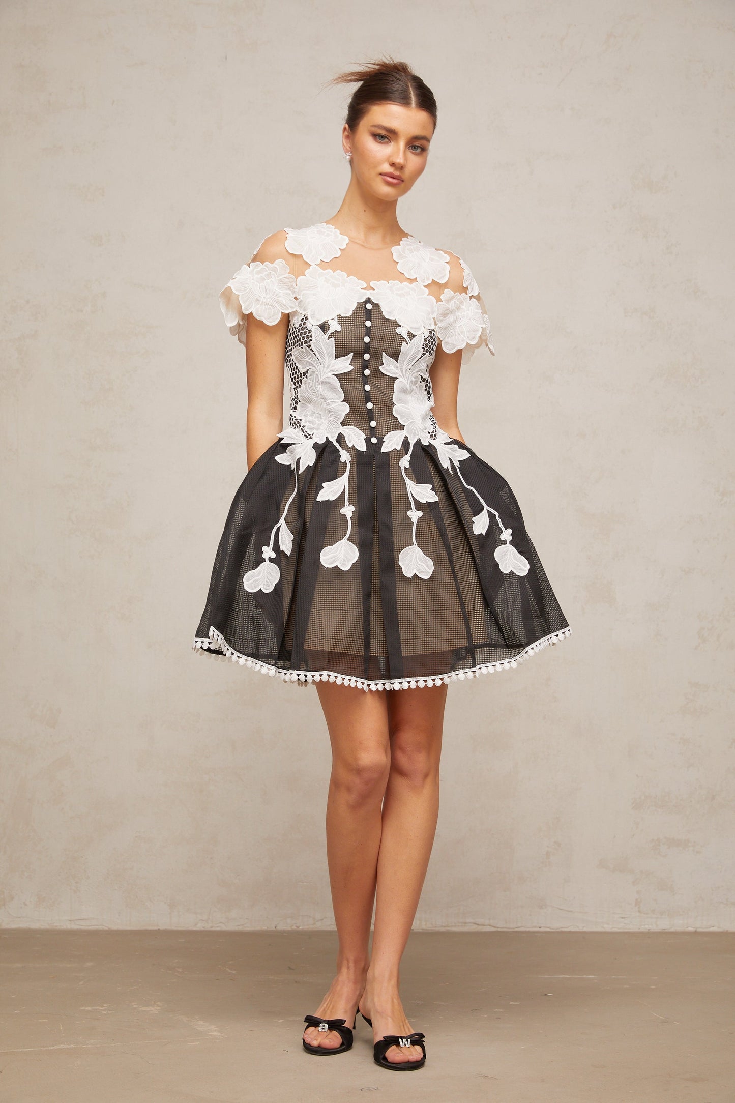 Sandrine color-blocked floral-embroidery mini dress