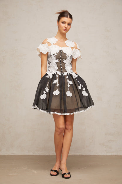 Sandrine color-blocked floral-embroidery mini dress