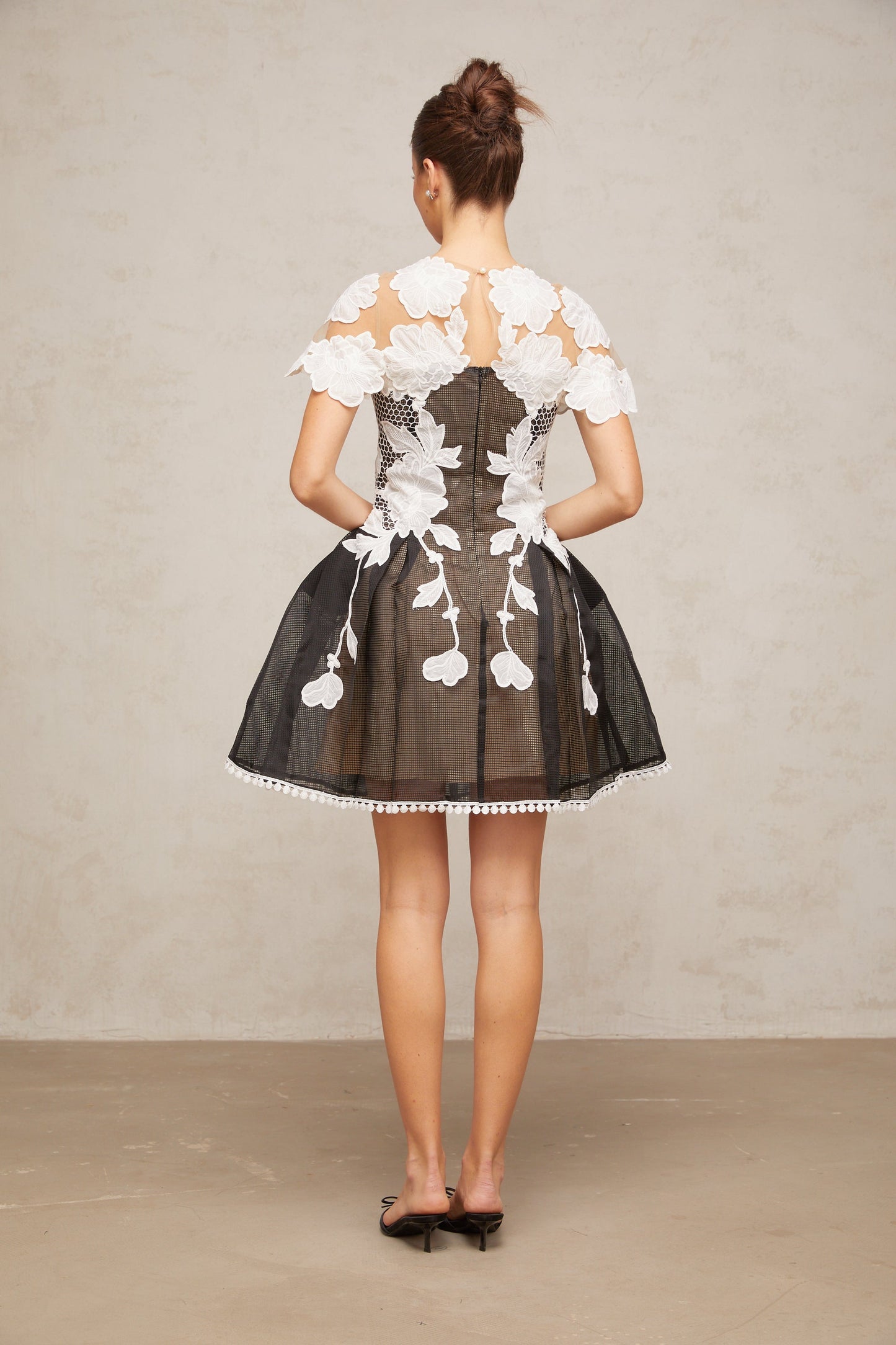 Sandrine color-blocked floral-embroidery mini dress