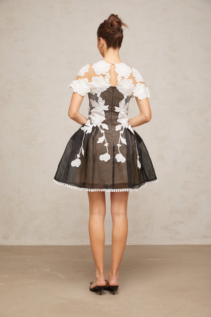 Sandrine color-blocked floral-embroidery mini dress