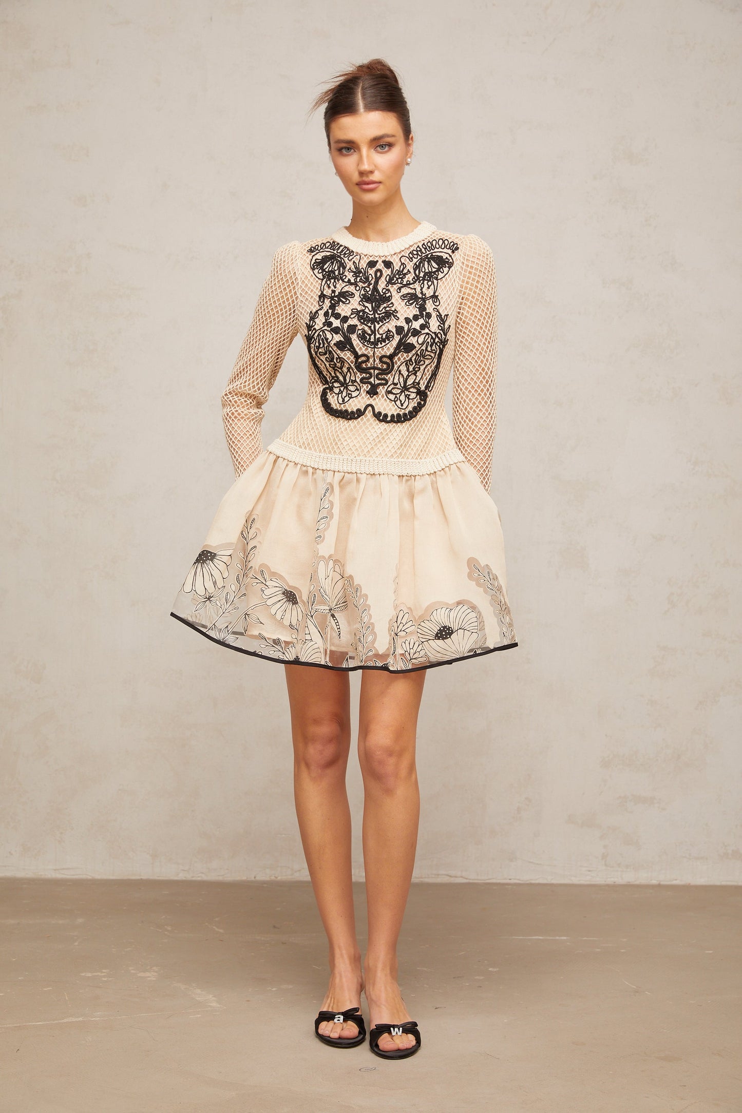Wilhelmine contrast-color floral-appliqué jacquard mini dress