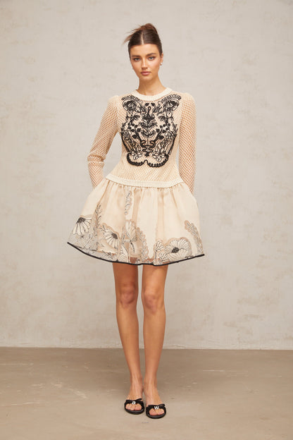Wilhelmine contrast-color floral-appliqué jacquard mini dress