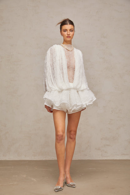 Isoline white semi-sheer lace top & shorts & dress matching set