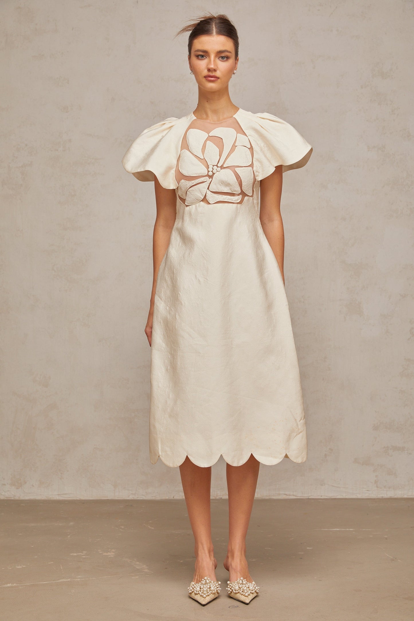 Ségolène white flower jacquard midi dress