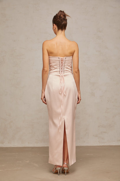 Élodie pink off-shoulder corset satin maxi dress