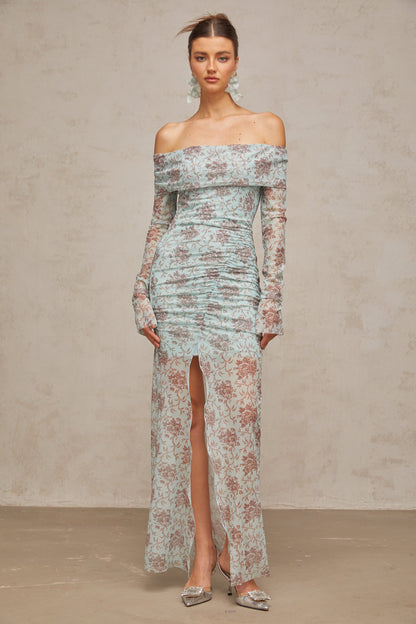 Honorine blue floral-print ruched maxi dress