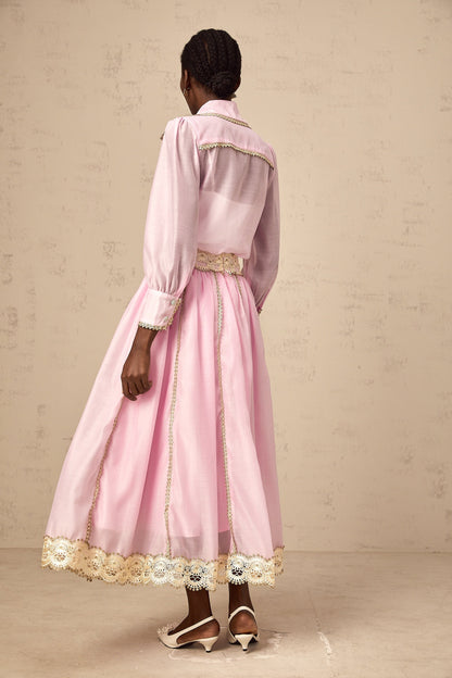 Frida pink lace-trim shirt & skirt matching set