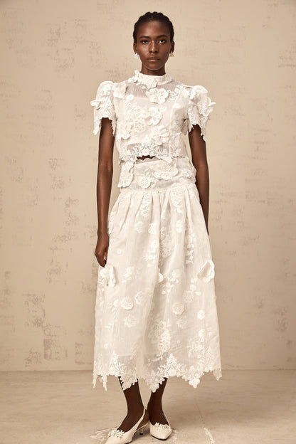 Thérèse white flower-embroidery top & skirt matching set