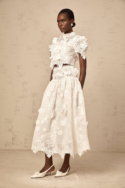 Thérèse white flower-embroidery top & skirt matching set