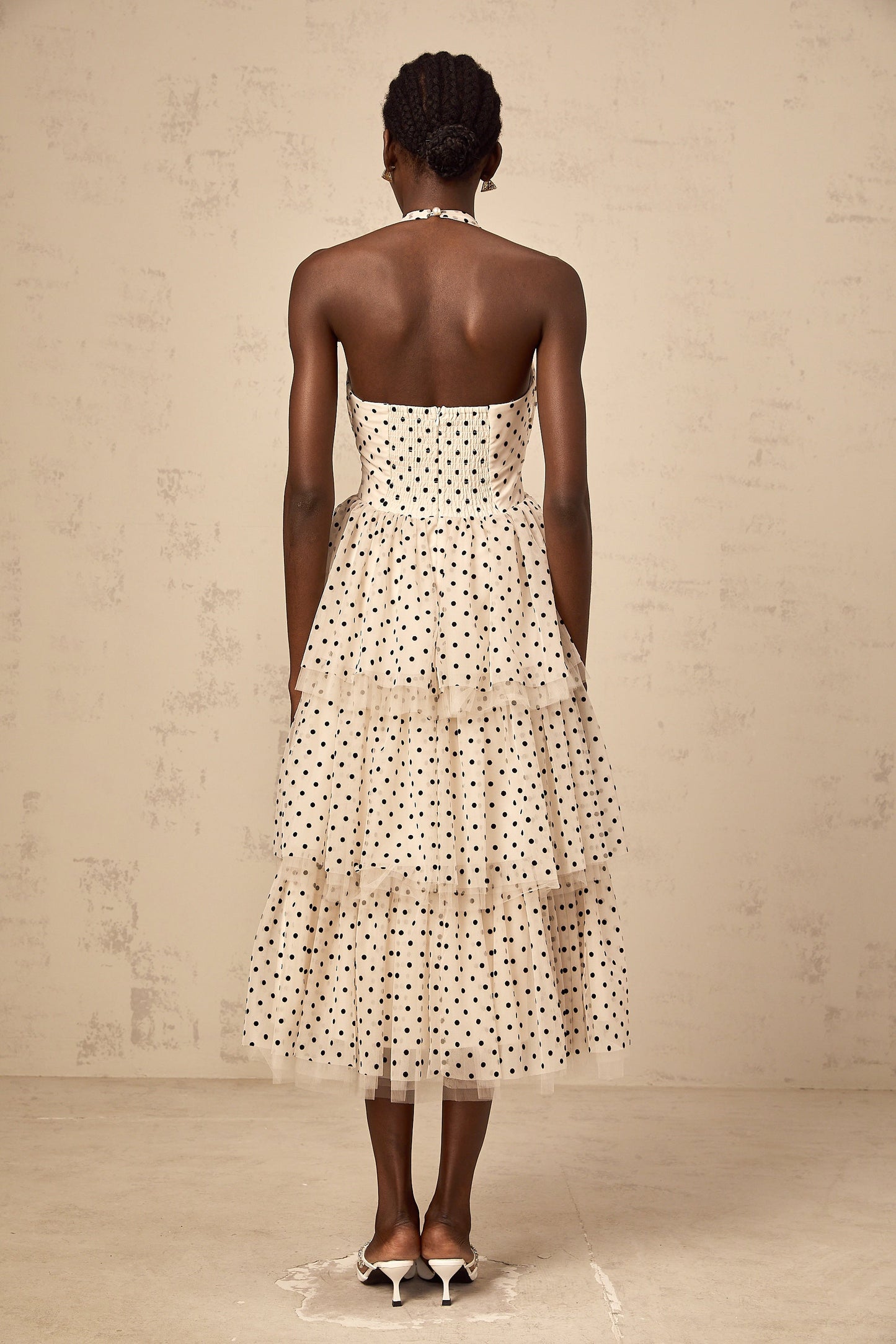 Philae ivory polka-dot tiered midi dress