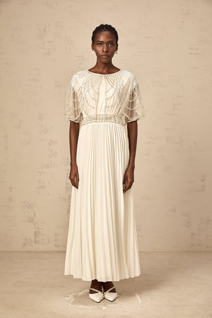 Xénia white crystal-embellished pleated maxi dress