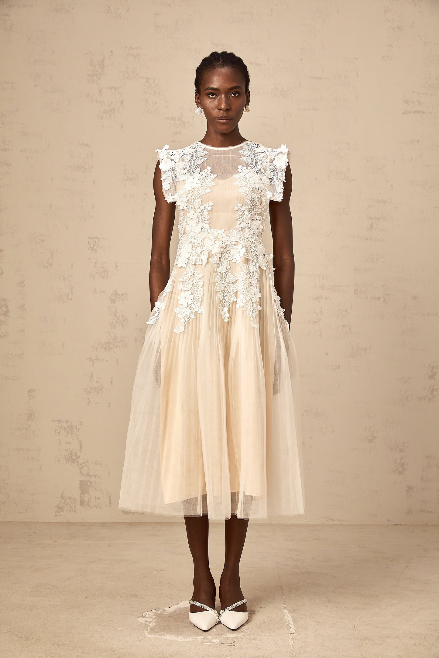 Annabelle flower-appliqué tulle midi dress