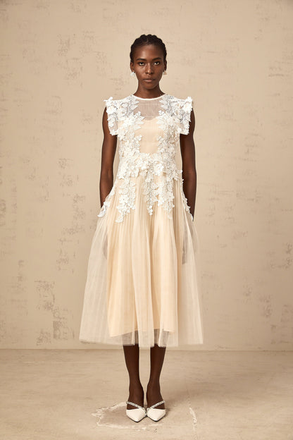 Annabelle flower-appliqué tulle midi dress