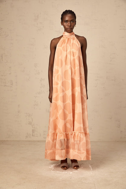 Clémence coral-pink halterneck pattern-print maxi dress