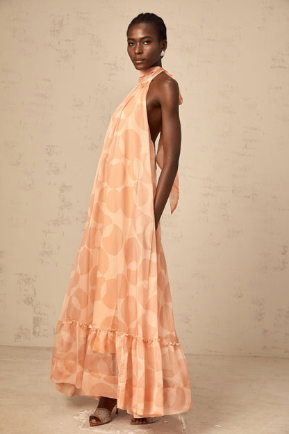 Clémence coral-pink halterneck pattern-print maxi dress