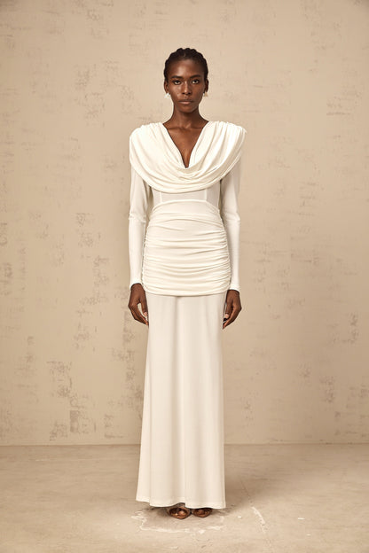 Wanda white ruched fitted maxi dress