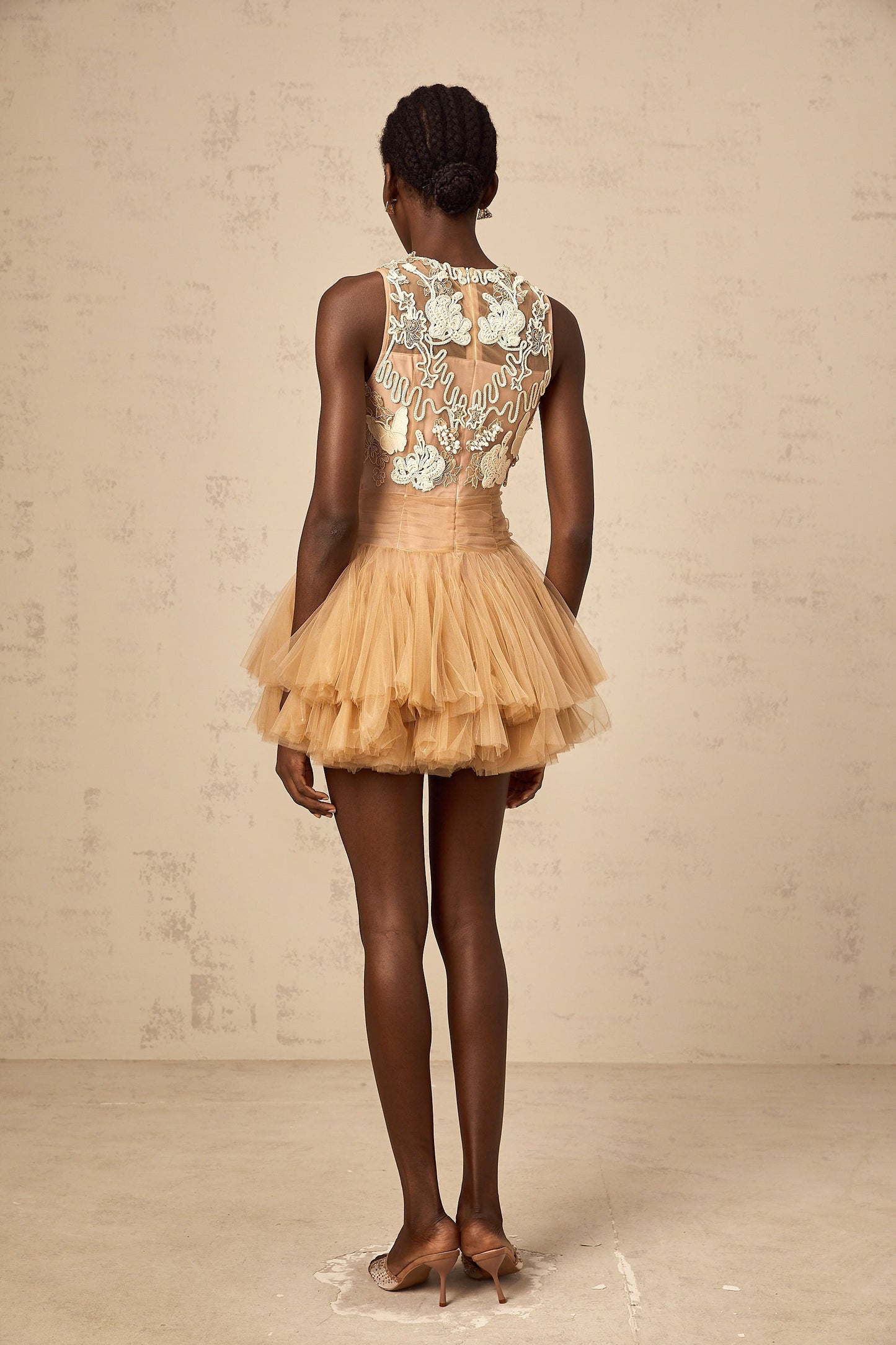 Candice khaki embellished corded-lace-panel tulle mini dress