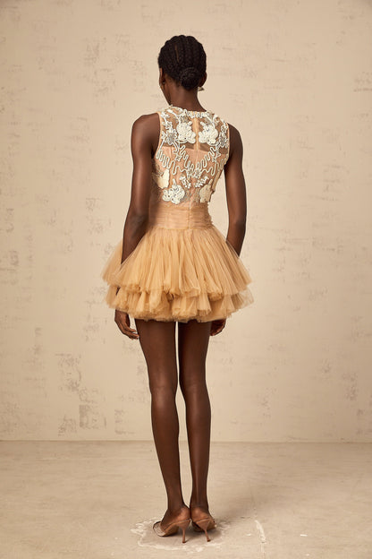 Candice khaki embellished corded-lace-panel tulle mini dress