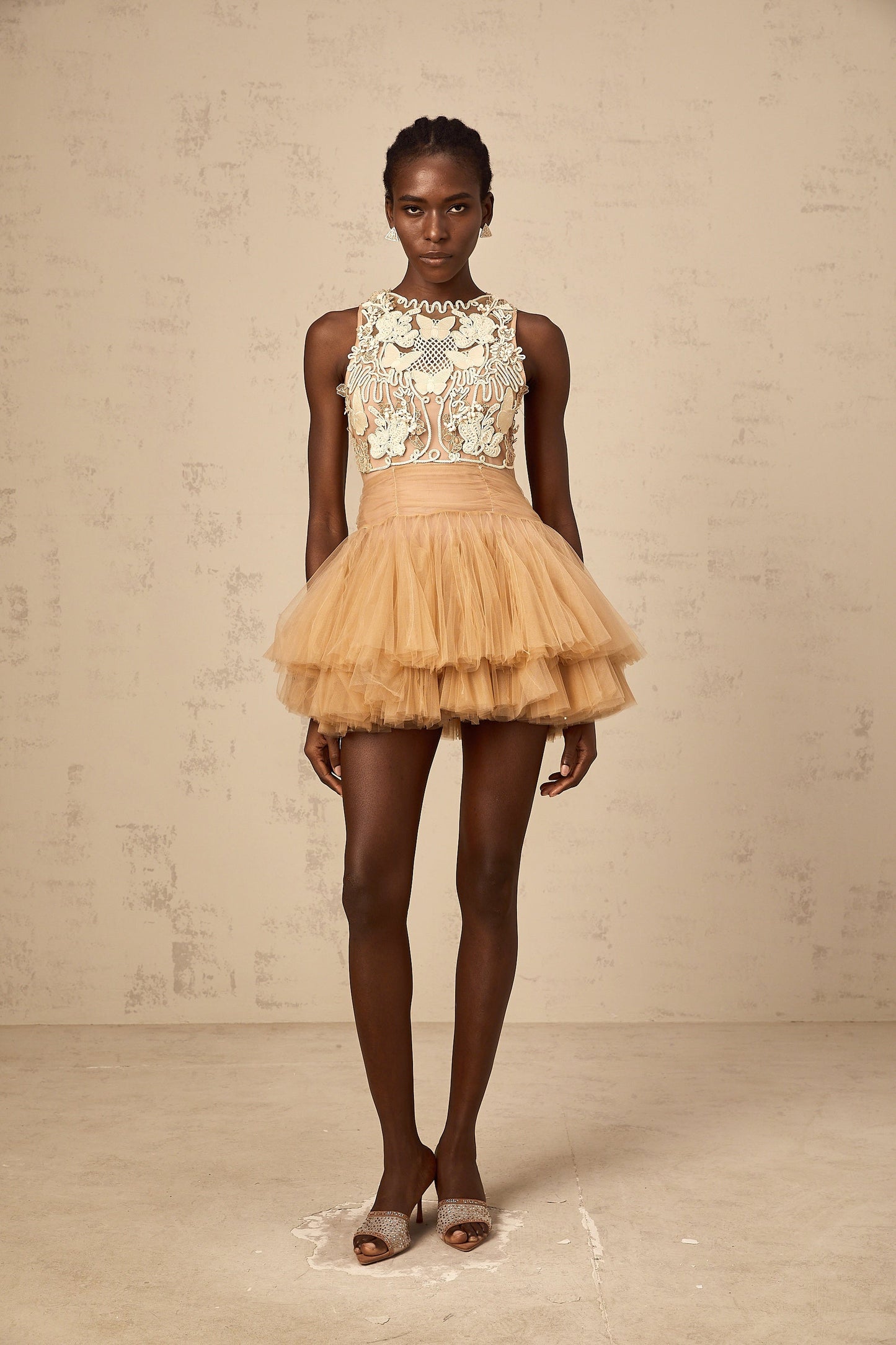Candice khaki embellished corded-lace-panel tulle mini dress