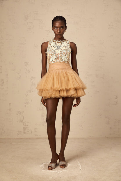 Candice khaki embellished corded-lace-panel tulle mini dress