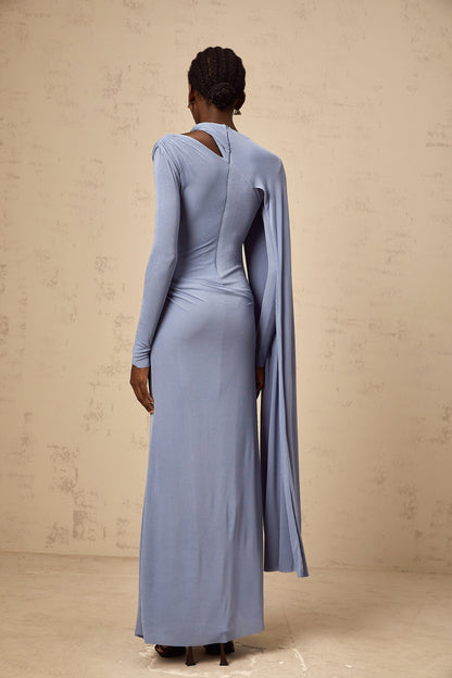 Josette blue diagonal-shawl fitted maxi dress