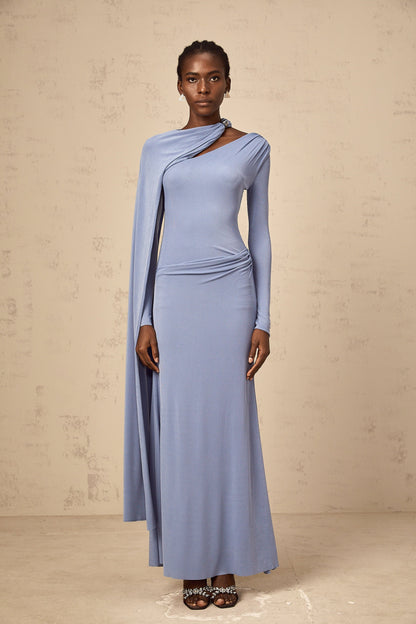 Josette blue diagonal-shawl fitted maxi dress