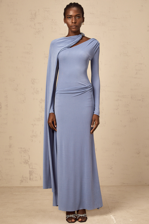 Josette blue diagonal-shawl fitted maxi dress