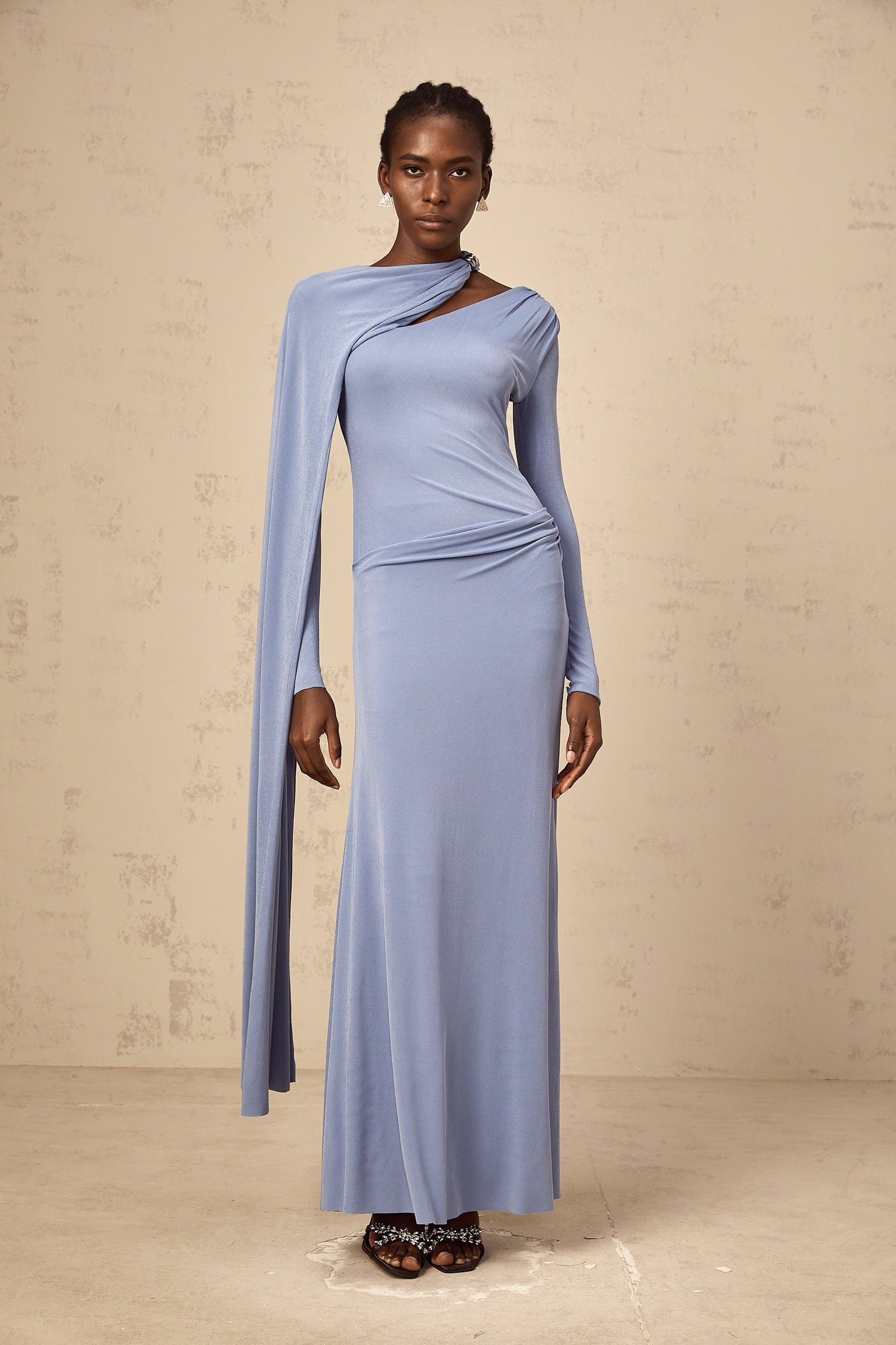 Josette blue diagonal-shawl fitted maxi dress