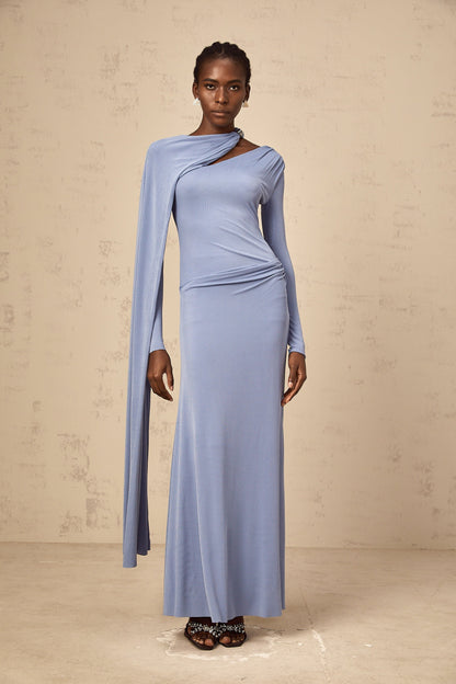 Josette blue diagonal-shawl fitted maxi dress