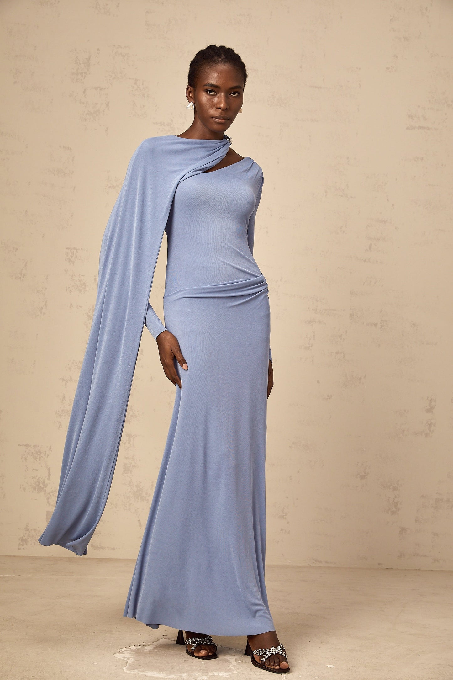 Josette blue diagonal-shawl fitted maxi dress