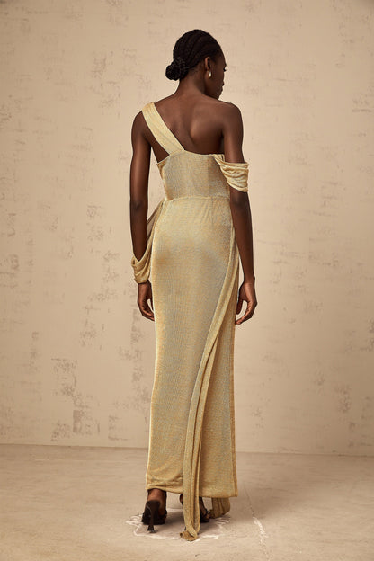 Anne gold ribbon-design gathered maxi dress