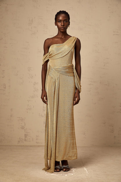 Anne gold ribbon-design gathered maxi dress