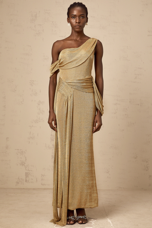 Anne gold ribbon-design gathered maxi dress