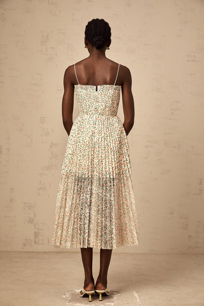 Marion white floral-print pleated midi dress