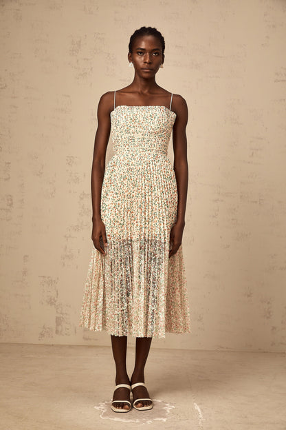 Marion white floral-print pleated midi dress