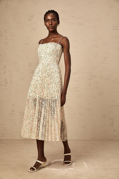Marion white floral-print pleated midi dress