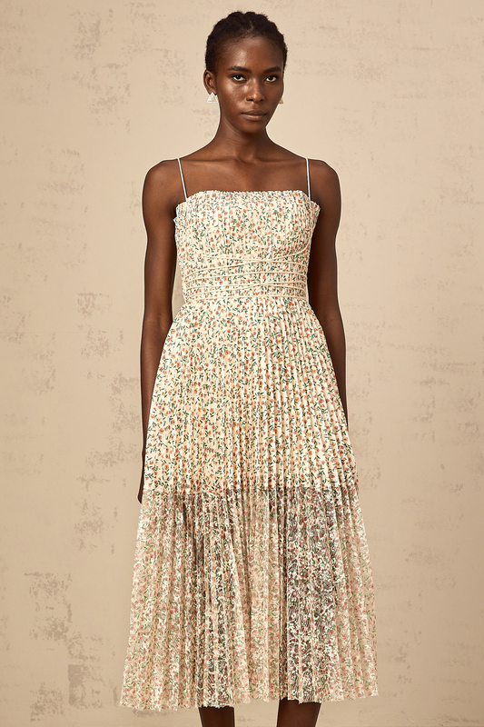 Marion white floral-print pleated midi dress