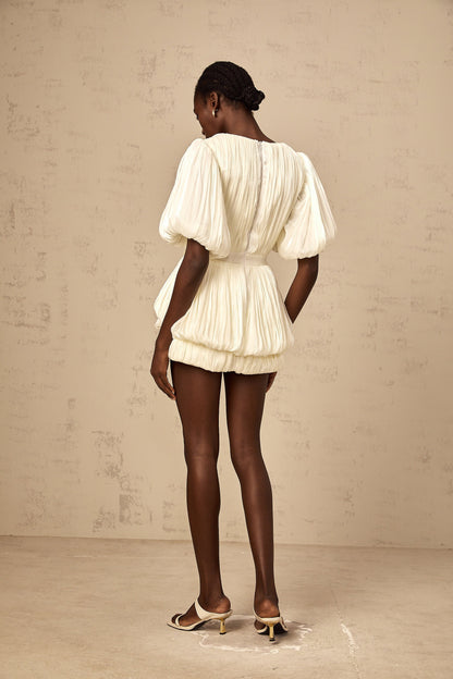 Nadège neutrals pleated floral-appliqué mini dress