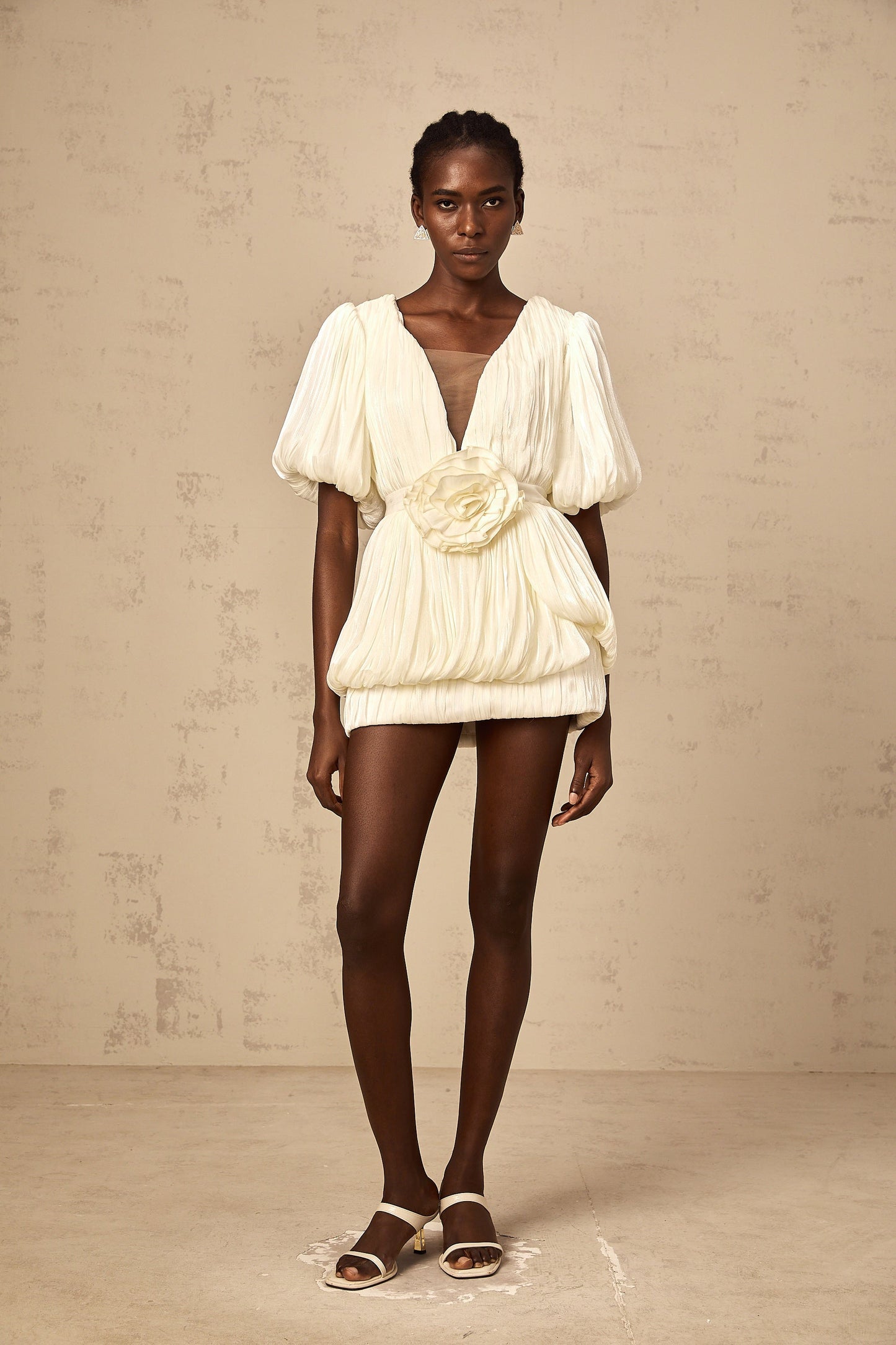 Nadège neutrals pleated floral-appliqué mini dress
