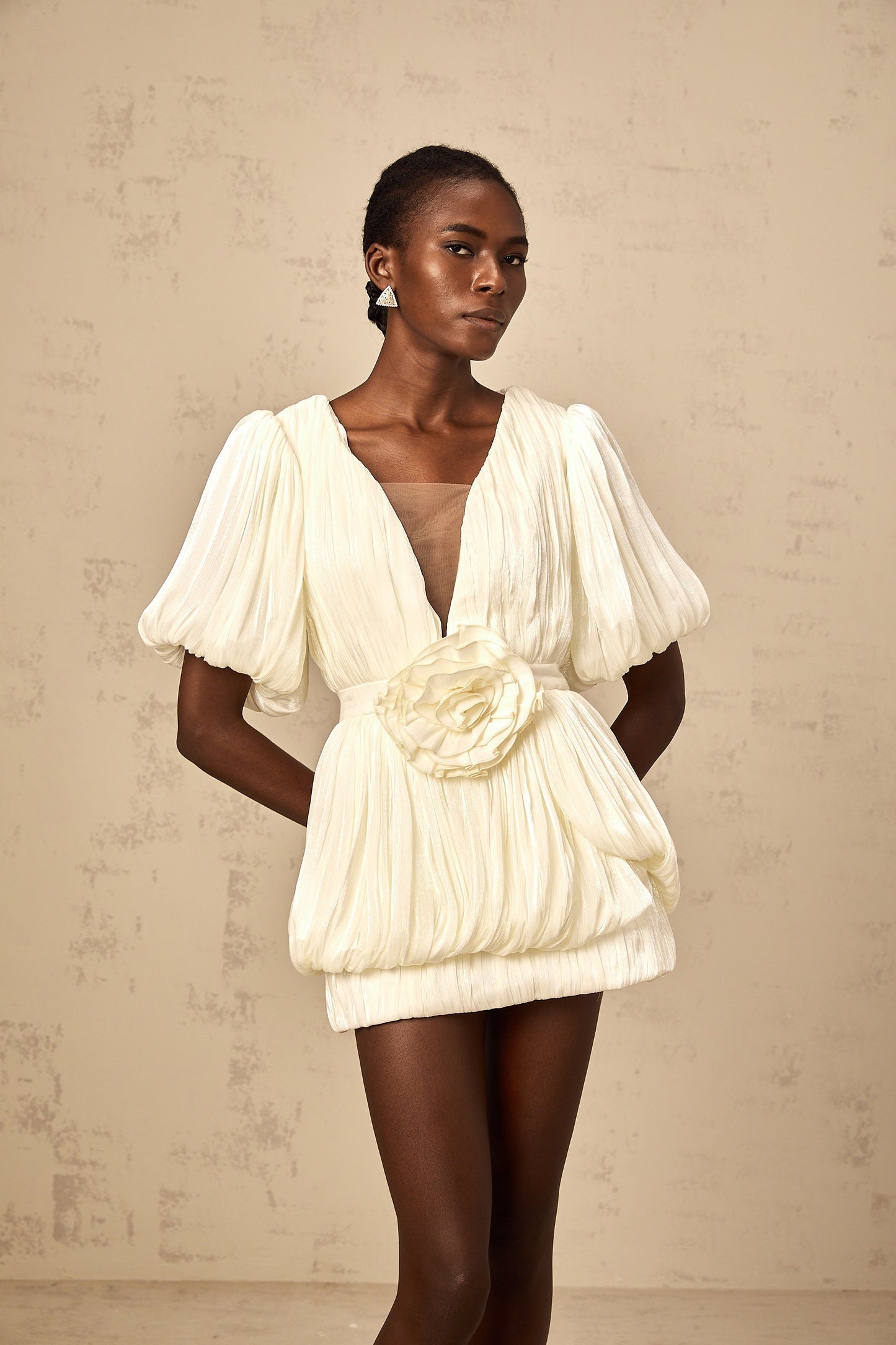 Nadège neutrals pleated floral-appliqué mini dress