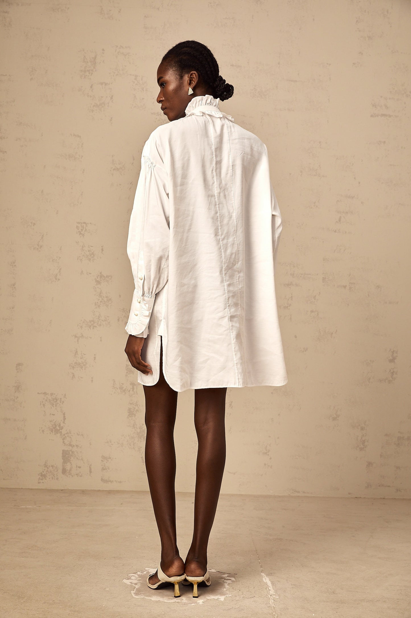 Mélina white lace-trim ruffled mini shirt dress
