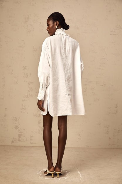 Mélina white lace-trim ruffled mini shirt dress
