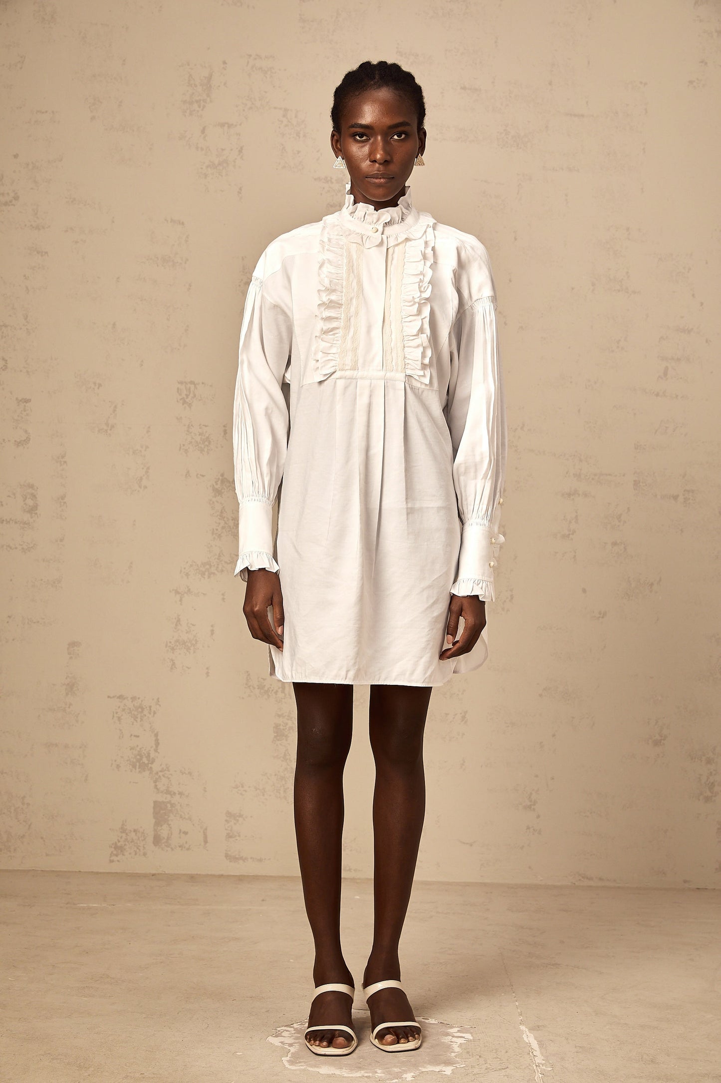 Mélina white lace-trim ruffled mini shirt dress